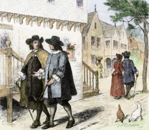 Colonists in a Puritan town in New England in the late 1600s