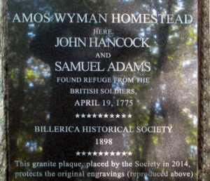 Memorial stone and plaque at the Amos Wyman house, Billerica, MA